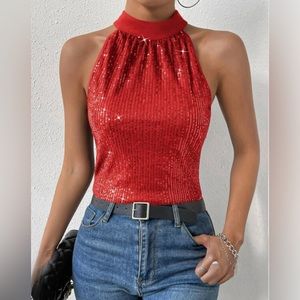 Red Tie Back Sequin Halter Top